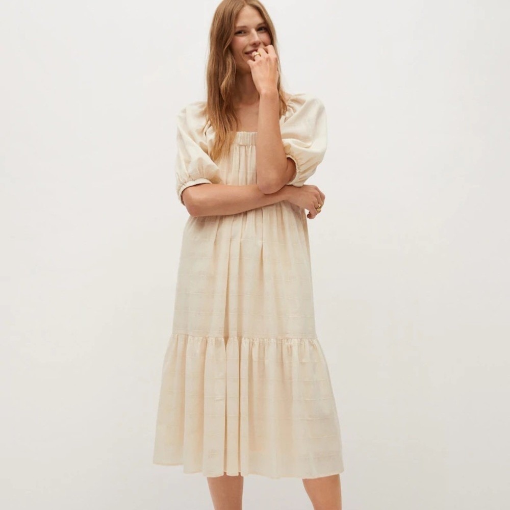 Mango Women Costa Cream Tiered Puff Sleeve Midi Dress Size M